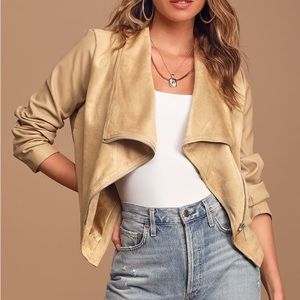 Lulu’s Beige Vegan Suede Draped Moto Jacket